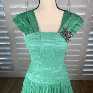 Vtg Green Tulle Prom Dress Small Formal Ball Gown Costume 80s Butterfly Pin
